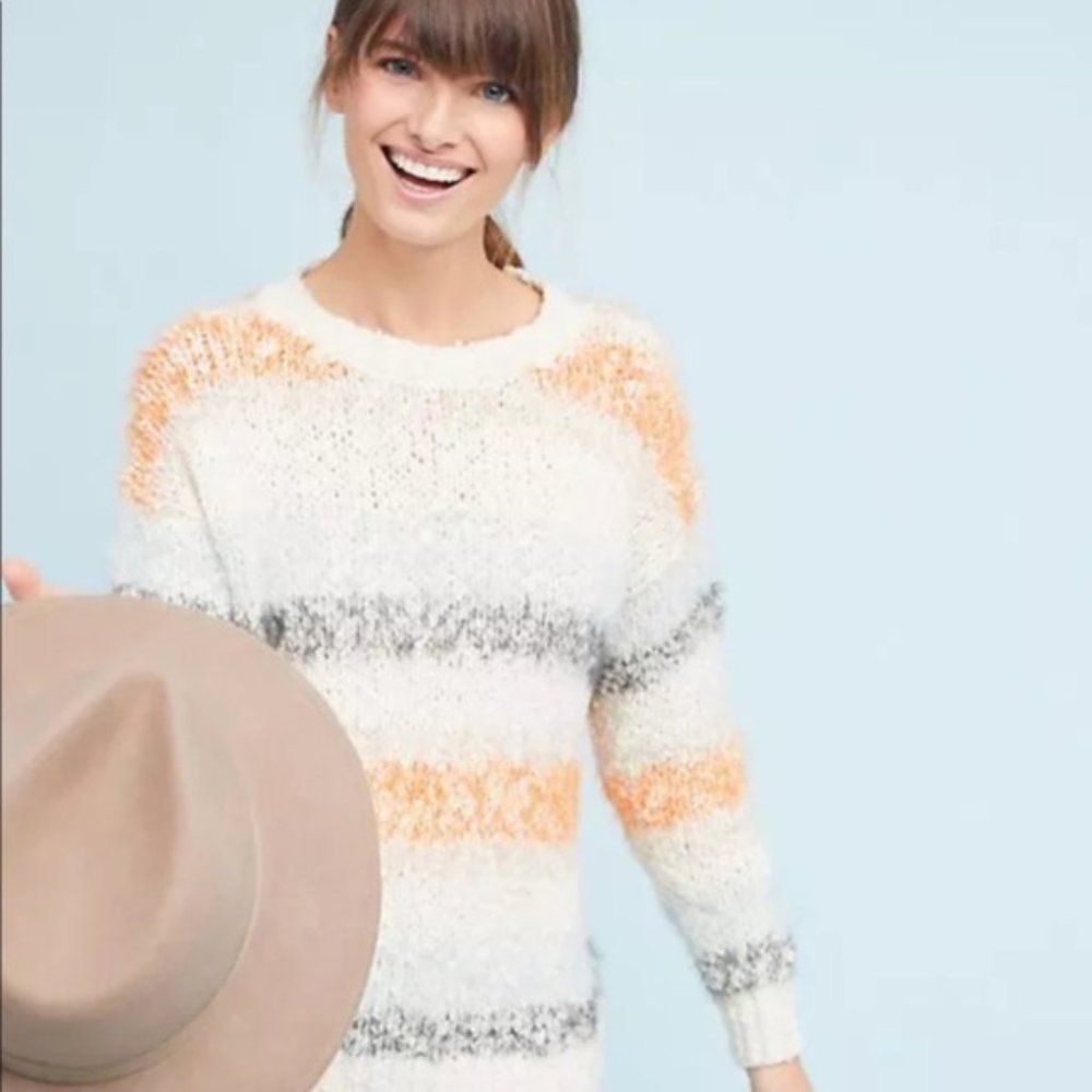 Cozy Striped Crewneck Sweater - White with Orange & Gray